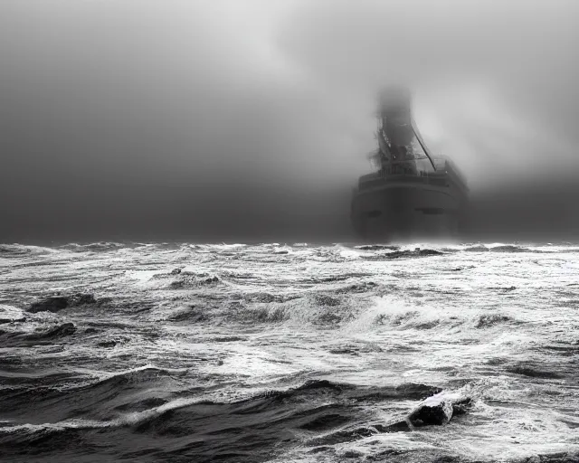 Image similar to photo of a big ship on a stormy ocean, cthulhu's silhouette in the back hidden in the fog, coming closer