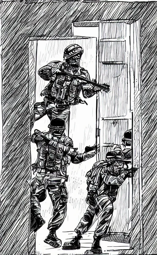 Prompt: soldiers breaching through a door illustrated by kim jung gius, detailed drawing, comic book drawing, black and white, ink drawing, strong perspective drawing