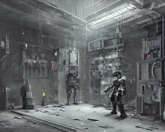 Image similar to gloomy colossal ruined server room in datacenter robot figure automata headless robot knight welder posing pacing fixing soldering mono sharp focus, emitting diodes, smoke, artillery, sparks, racks, system unit, motherboard, by pascal blanche rutkowski artstation hyperrealism painting concept art of detailed character design matte painting, 4 k resolution blade runner