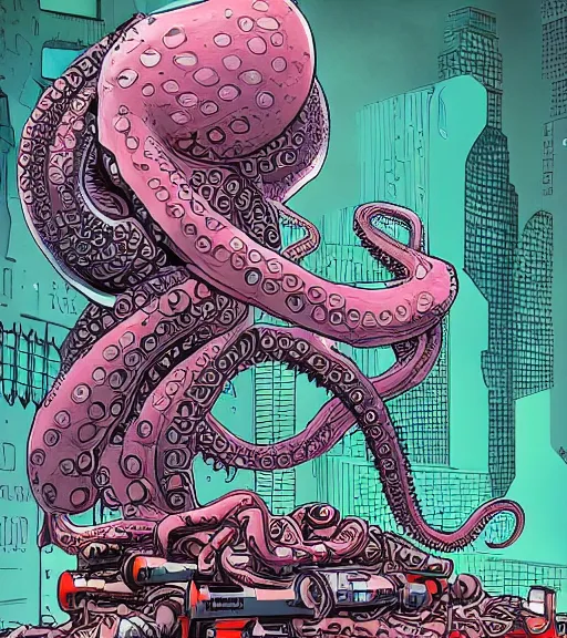 Prompt: a cybernetic octopus in a floating podium, techwear, Industrial Scifi, detailed illustration, character portrait, graffiti art by Martin Grip and Moebius