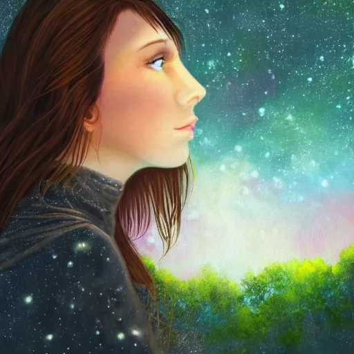 Prompt: a photo of a young woman with short brown hair, green eyes, beautiful trees in the background, night sky with multicolor stars and galaxies, trending on artstation