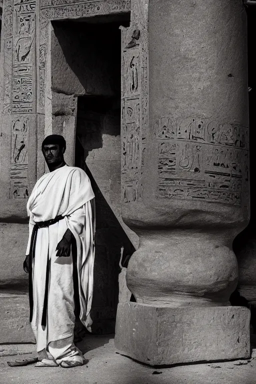 Image similar to a dramatic hero portrait of a live nubian temple guard in old egypt. photography photo art. cover of time magazine, dramatic light and shadow, saturated colors, ciaroscuro