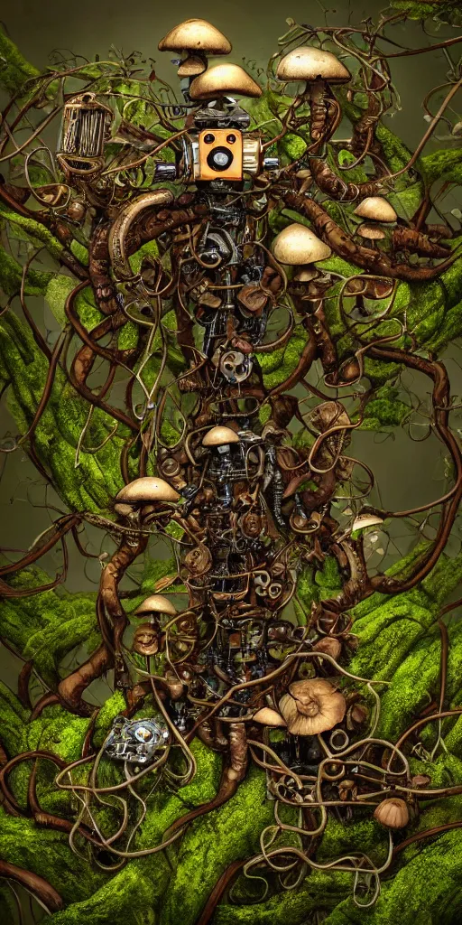 Image similar to a steampunk robot with mushrooms growing out of it's head, intertwined with fungus and vines, overgrown, moss, mycelium, detailed, 4 k, trending in artstation