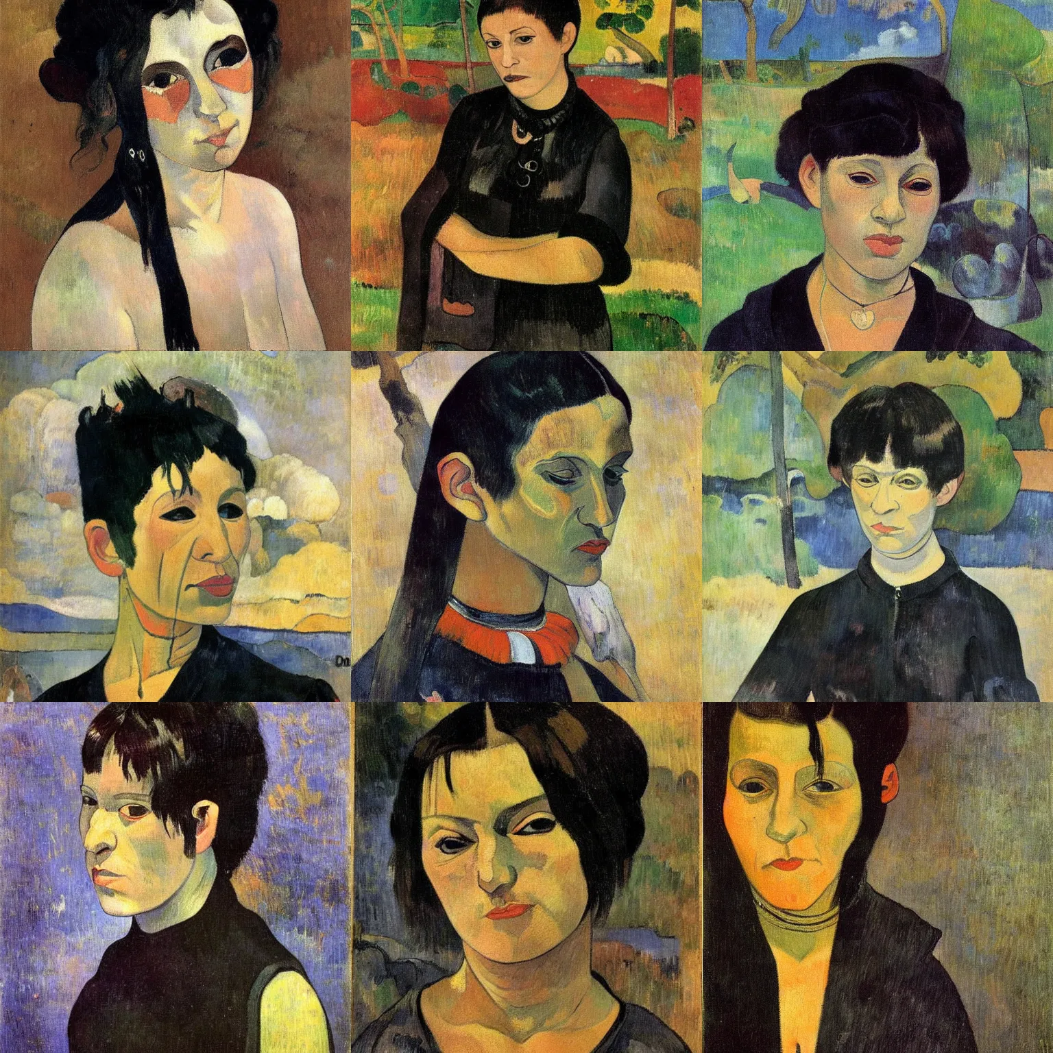 Prompt: A goth portrait painted by Paul Gauguin. Her hair is dark brown and cut into a short, messy pixie cut. She has a slightly rounded face, with a pointed chin, large entirely-black eyes, and a small nose. She is wearing a black tank top, a black leather jacket, a black knee-length skirt, a black choker, and black leather boots.