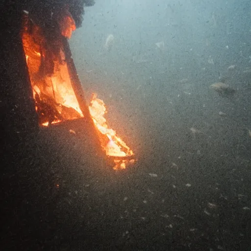 Prompt: photo of a burning building underwater