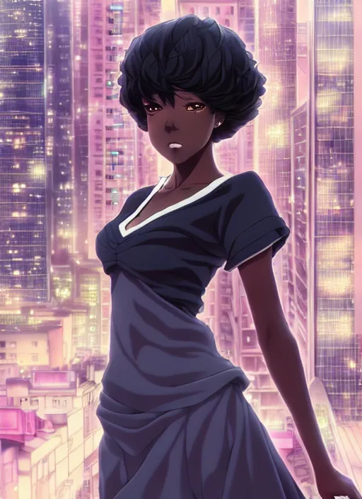 Image similar to beautiful city black woman only, anime style only, shy personality, scenery wallpaper aesthetic, pastel colors only, symmetrical face, cinematic, dramatic, super detailed and intricate, hyper realistic, 4 k render, by artgerm, by kyoung hwan kim, by ralph mcquarrie, by yoshiyuki tomino