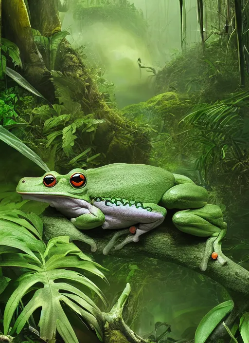 Image similar to a beautiful matte painting of a green frog in the jungle, kambo