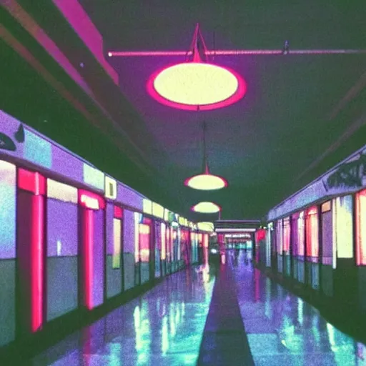 Image similar to an old shopping mall from the 1 9 8 0 s, neon lights, by satoshi kon