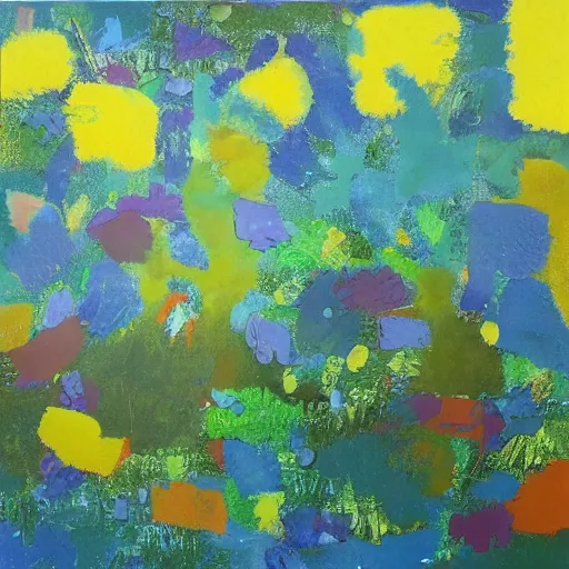Prompt: leather, fauvist by chris foss robust, emotive. a collage of a beautiful landscape, delicate brushstrokes. peaceful & serene, with a gentle breeze blowing through the trees & flowers. colors are muted & gentle, calm & tranquility. well balanced & harmonious. color & composition, pleasing to the eye & calming to the soul.