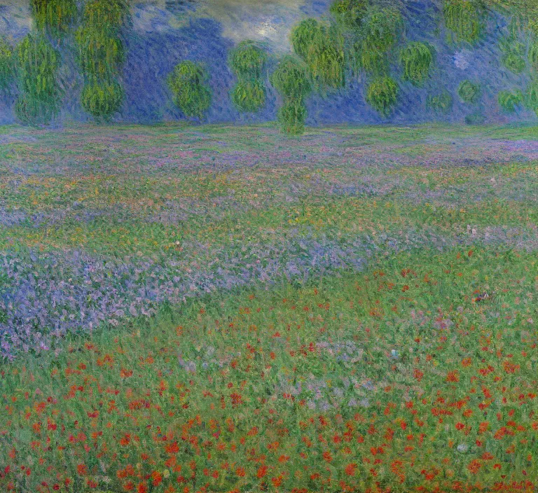 Prompt: highly detailed oil painting of a field of flowers painted by claude monet
