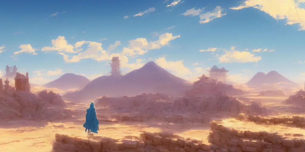 Image similar to a stunning desert landscape with an arabian palace on the horizon by makoto shinkai