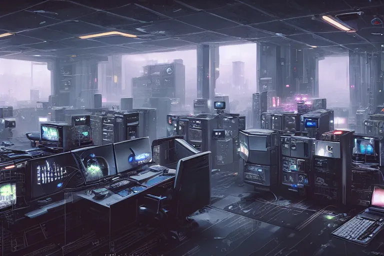 Image similar to a computer room filled with lots of monitors, cyberpunk art by ridley scott, cgsociety, retrofuturism, greeble, dystopian art, circuitry