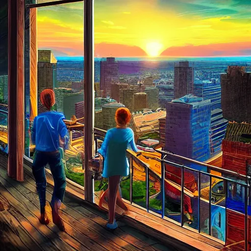 Prompt: the young travelers open the multiversal rift from their rooftop porch in montreal, sunrise, digital art, stunning detail