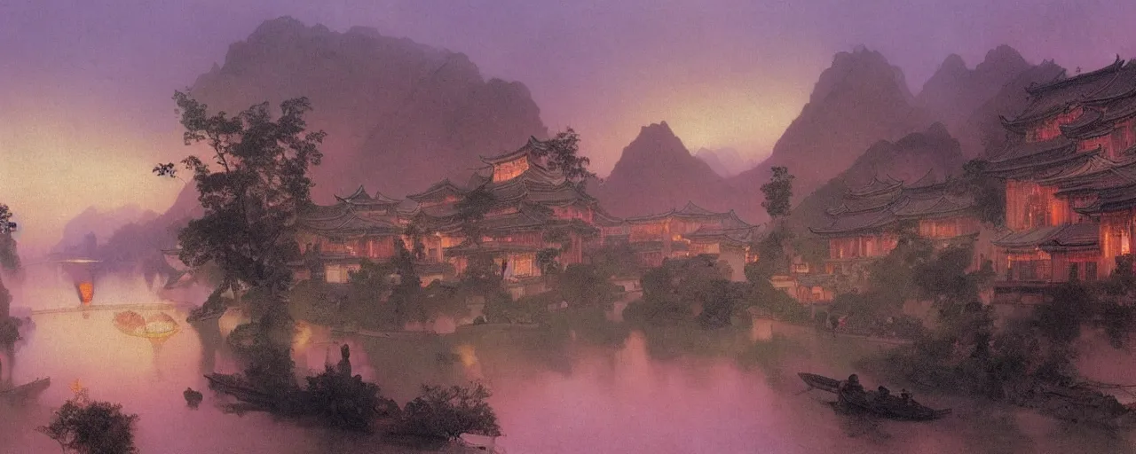 Image similar to a beautiful painting of an ancient chinese town nearby a small river in the evening by alfons maria mucha and ivan aivazovsky, ultra detailed, volumetric lighting, pink vibe