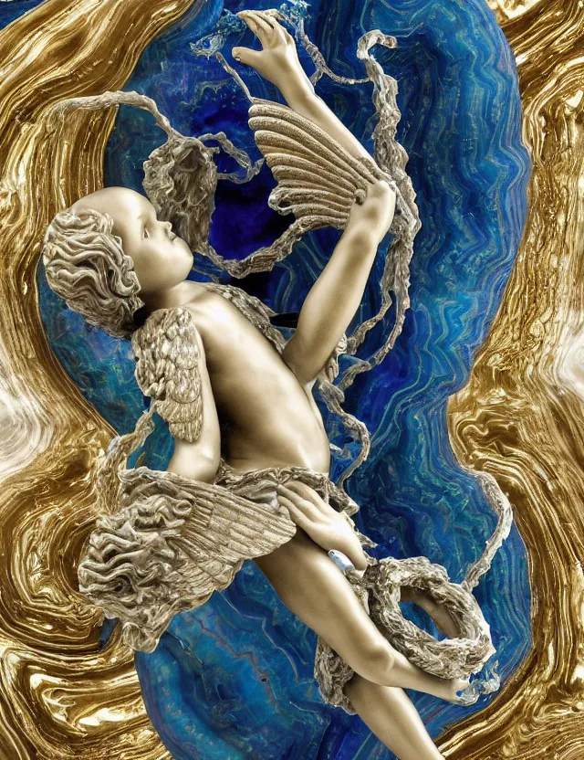 Image similar to a sculpture of a winged child made from blue and emerald and amethyst crystal geode formations with flowing marble water with obsidian base with liquid gold tendrils flowing by carlo maria mariani by stanisław szukalski, octane render, byzantine, spirals, elestial crystals, geode,