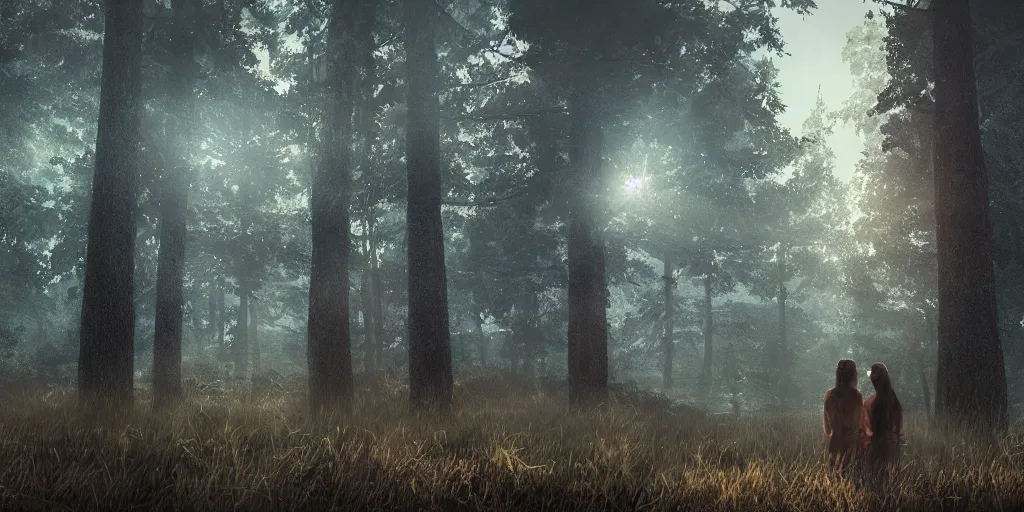 Prompt: two shot of a man and woman with long brown hair drawn, bow side by side in a misty forest clearing, realism, lens flare, trending on artstation, 8 k