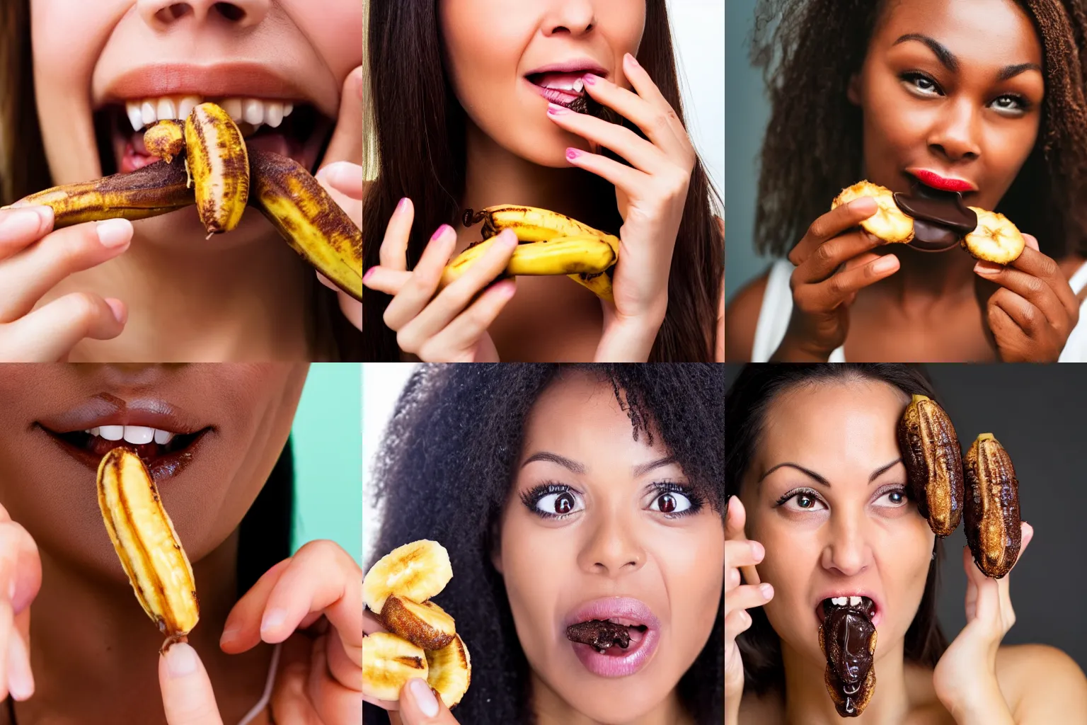 Prompt: closeup headshot photo of the woman passionately tasting the best chocolate fried banana, detailed face details