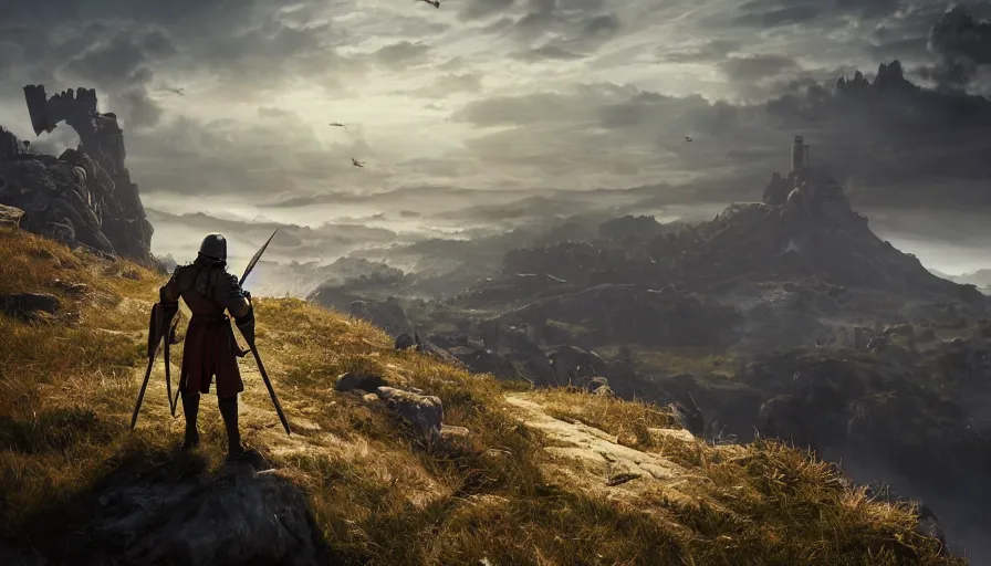 Image similar to medieval soldier atop a ridge looking over a vast medieval kingdom rule by an evil king. the soldier is ready for battle. his trusted dragon circles overhead. it is a somber morning. death is close. prepare for battle. mist, epic, cinematic, volumetric lighting, symmetry, fantasy style, highly - detailed, unreal 5, realism,