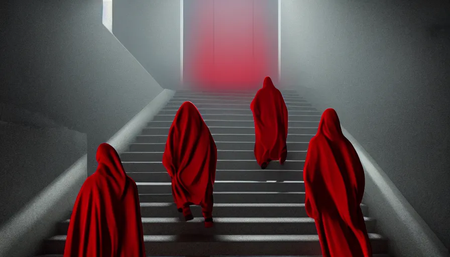 Prompt: figures in red cloaks ascend huge fantasy stairs, photorealistic rendering, cinematic, movie still, by denis villeneuve, volumetric magical lighting
