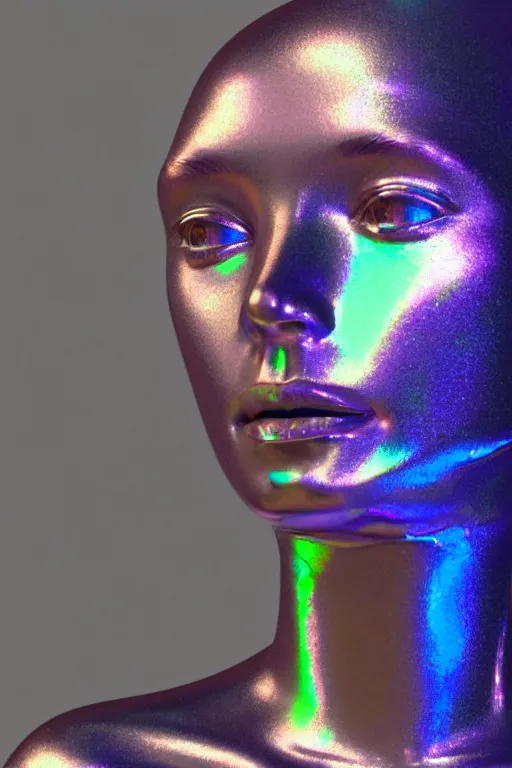Image similar to 3d render of holographic human robotic bust made of glossy iridescent, bust, surrealistic 3d illustration of a human non-binary, non binary model, 3d model human, cryengine, made of holographic texture, holographic material, holographic rainbow, concept of cyborg and artificial intelligence