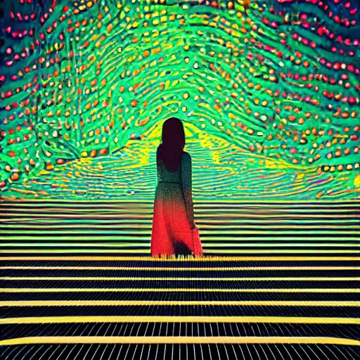 Image similar to a woman standing on steps in a field at night, a hologram by kusama, instagram, optical illusion, full body, ultra hd, neon