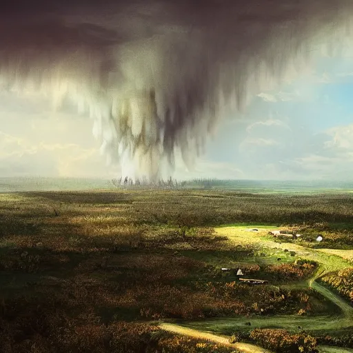 Image similar to a tornado in the distant landscape, hdr, artstation, shuttershock, 4 dimensions
