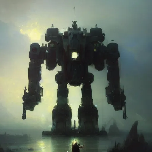 Image similar to a giant mech robot full detailed realistic atmosferic made by ivan aivazovsky, peter mohrbacher, greg rutkowski volumetric light effect broad light oil painting painting fantasy art style sci - fi art style realism premium prints available artwork unreal engine