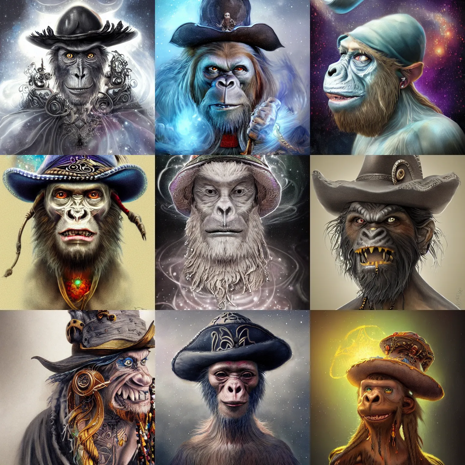 Image similar to a wlop 3 d render of very very very very highly detailed beautiful mystic portrait of a young ghost ape pirate in a hat with whirling galaxy around, tattoos by anton pieck, intricate, extremely detailed, digital painting, artstation, concept art, smooth, sharp focus, illustration, intimidating lighting, incredible art,