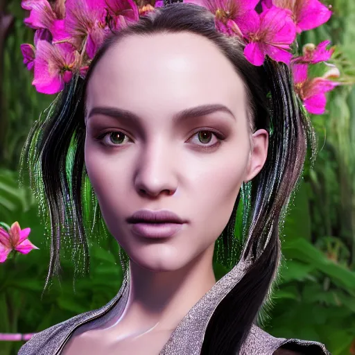 Prompt: “hyperrealistic ultra detailed unreal engine 5 RTX raytracing nvidia hairworks render of portrait of the most beautiful girl in beautiful tropical flowers . She has amazing silver jevelery. Nose piercing. Black shiny Latex designer dress . Ultra realistic face. Grymes inspires. Wonderful landscape on the background. Photo. Photorealistic ”