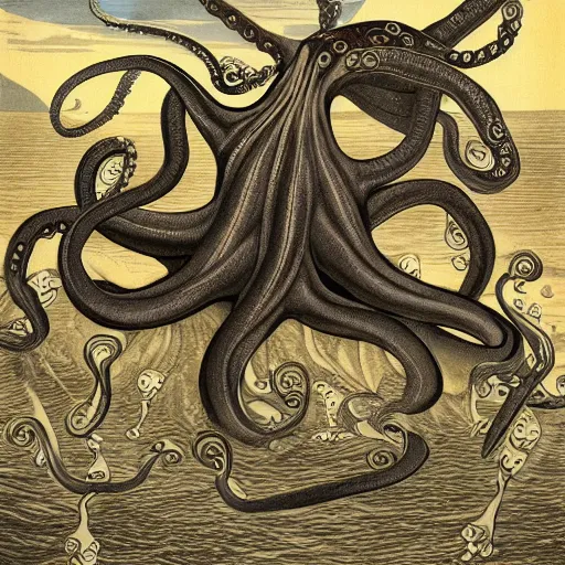 Image similar to The octopus is a captain and steers the ship, highly detailed, fantasy art