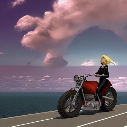 Image similar to a woman riding a motorcycle, clouds, sky by jean giraud and milo manara, 3 d render, octane render