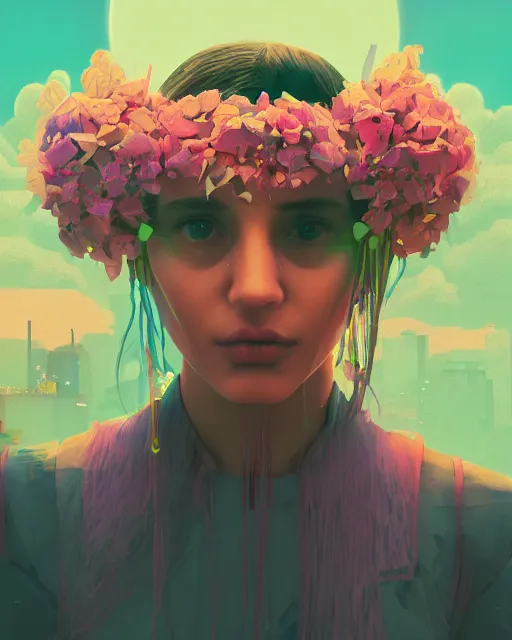 Image similar to a digital painting of a woman with flowers in her hair, cyberpunk art by beeple, behance contest winner, retrofuturism, voxel art, # pixelart, dystopian art