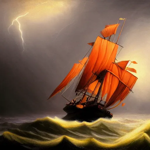 Prompt: a sail powered pirateship sailing through a powerful lighting storm, cliffs can be seen in the background, in the style of hudson river school, trending on art station, colorful