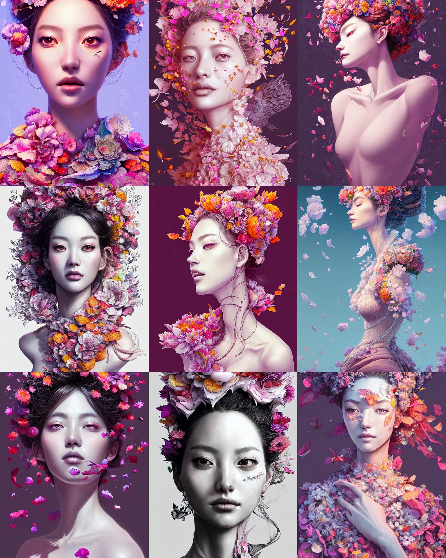 Prompt: the portrait of an absurdly beautiful, graceful, elegant woman made of petals, an ultrafine detailed illustration by kim jung gi, rossdraws, irakli nadar, intricate linework, bright colors, final fantasy, behance contest winner, angular, unreal engine 5 highly rendered, global illumination, radiant light, detailed and intricate environment