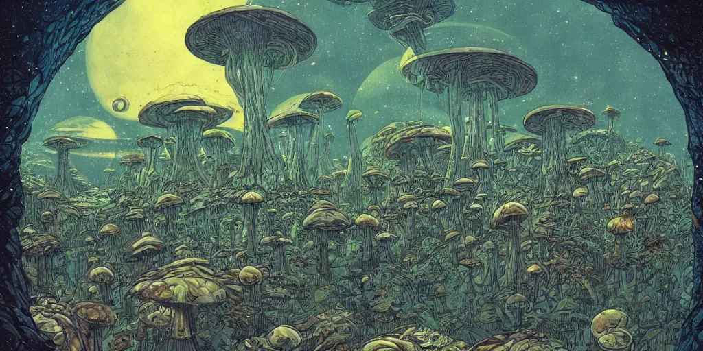 Prompt: 1970s sci-fi mushroom planet by Moebius and Mohrbacher, incredible atmosphere,