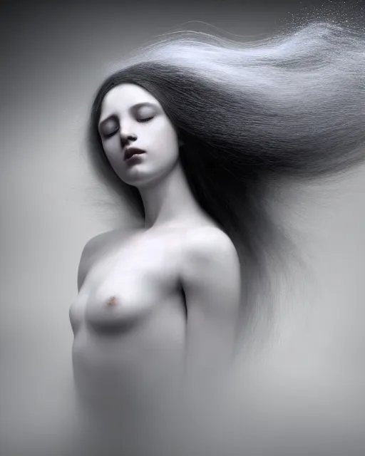 Prompt: monochrome, soft, dreamy, subsurface scattering, white, young beautiful goddess in cosmos with very long white hair floating in air, fluid smoke art, black and white, octane render, dino valls, mark ryden, joe fenton, michal karcz, highly detailed, rim light, art, cinematic lighting, very coherent, hyper realism, 8 k