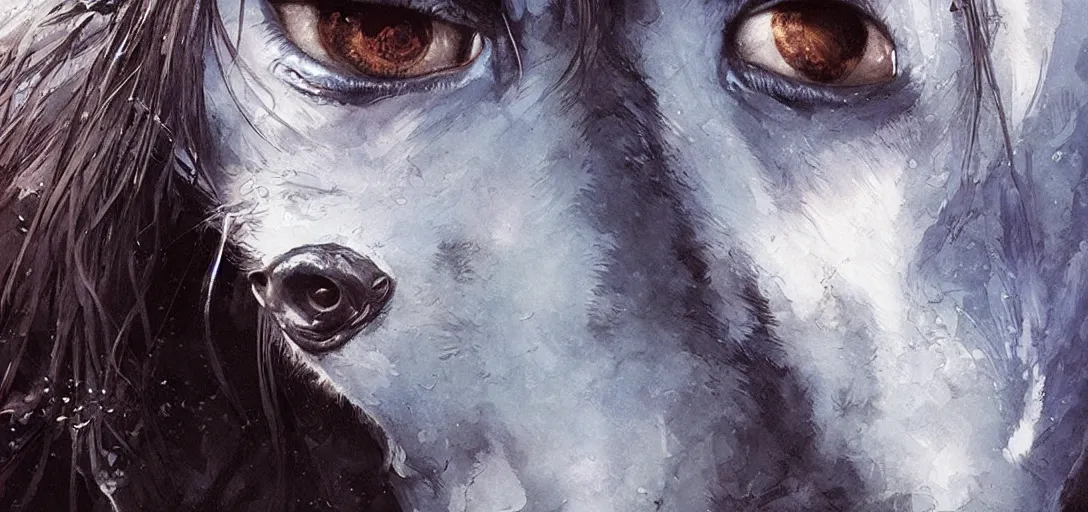 Prompt: A wolf woman beautiful face, blue eyes by Greg Rutkowski and Michael Whelan, very detailed, high quality