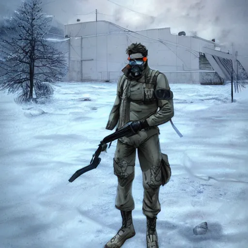 Image similar to Solid Snake from MGS and Gordon Freeman from Half-Life fight on an abandoned military base, winter, very detailed, hyper realism, epic, close-up fight, digital art, concept art, illustration, artstation, cgi, 4k