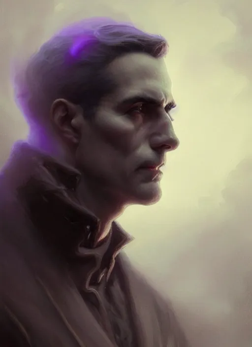 Prompt: highly detailed face portrait of a handsome and masculine ghost from the victorian era surrounded by eerie fog, art by greg rutkowski and artgerm and peter mohrbacher, intricate, octane render, unreal engine 5, purple color palette, trending on artstation, smooth, concept art, sharp focus, vibrant colors