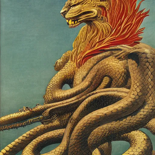Image similar to demiurge serpent serpent python wearing a lion costume furry ears neck neck tall long viper tombow peter doig greg rutkowski giorgio de chirico arsen savadov dan witz vik muniz