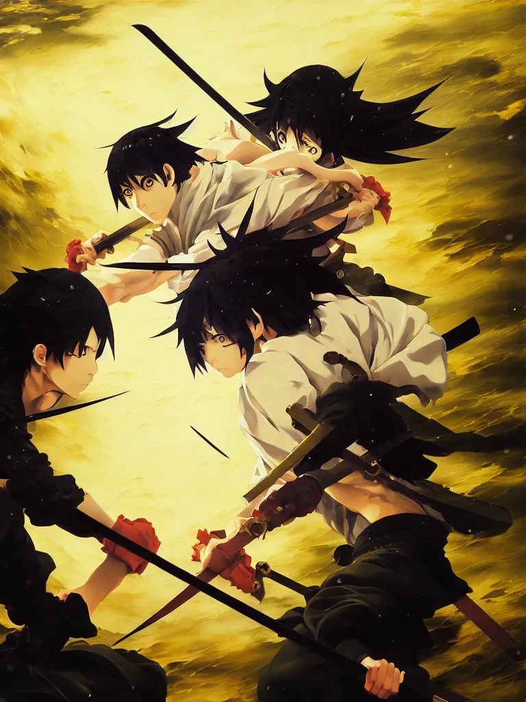 Image similar to baroque oil painting of key visual ninja duel, rain, rule of thirds golden ratio, fake detail, trending pixiv fanbox, acrylic palette knife, style of makoto shinkai takashi takeuchi yoshiyuki sadamoto greg rutkowski