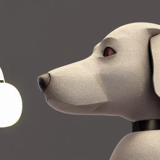 Image similar to dog robot wearing a large around its neck. 3 d render, oktane, post - processing, 8 k, cinematic lighting