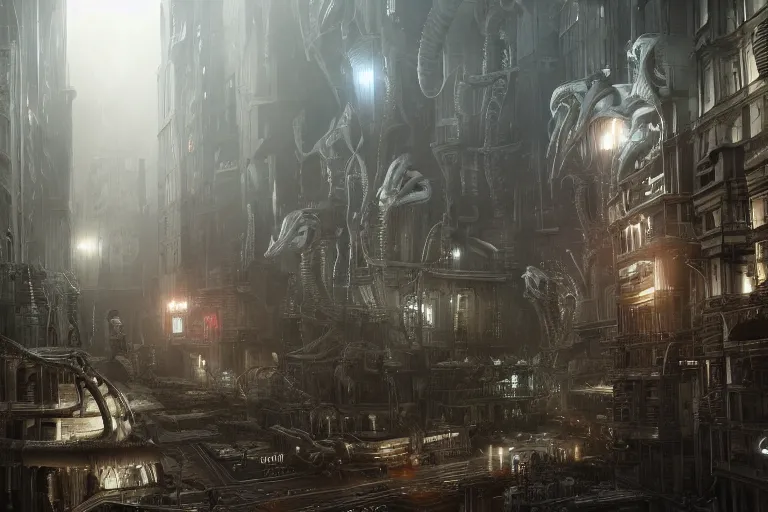 Image similar to xenomorph city, hyper realistic, ambient lighting, concept art, intricate, hyper detailed, smooth, dynamic volumetric lighting, octane, raytrace, cinematic, high quality, high resolution, 4 k, cgsociety, rutkowski, gurney, giger