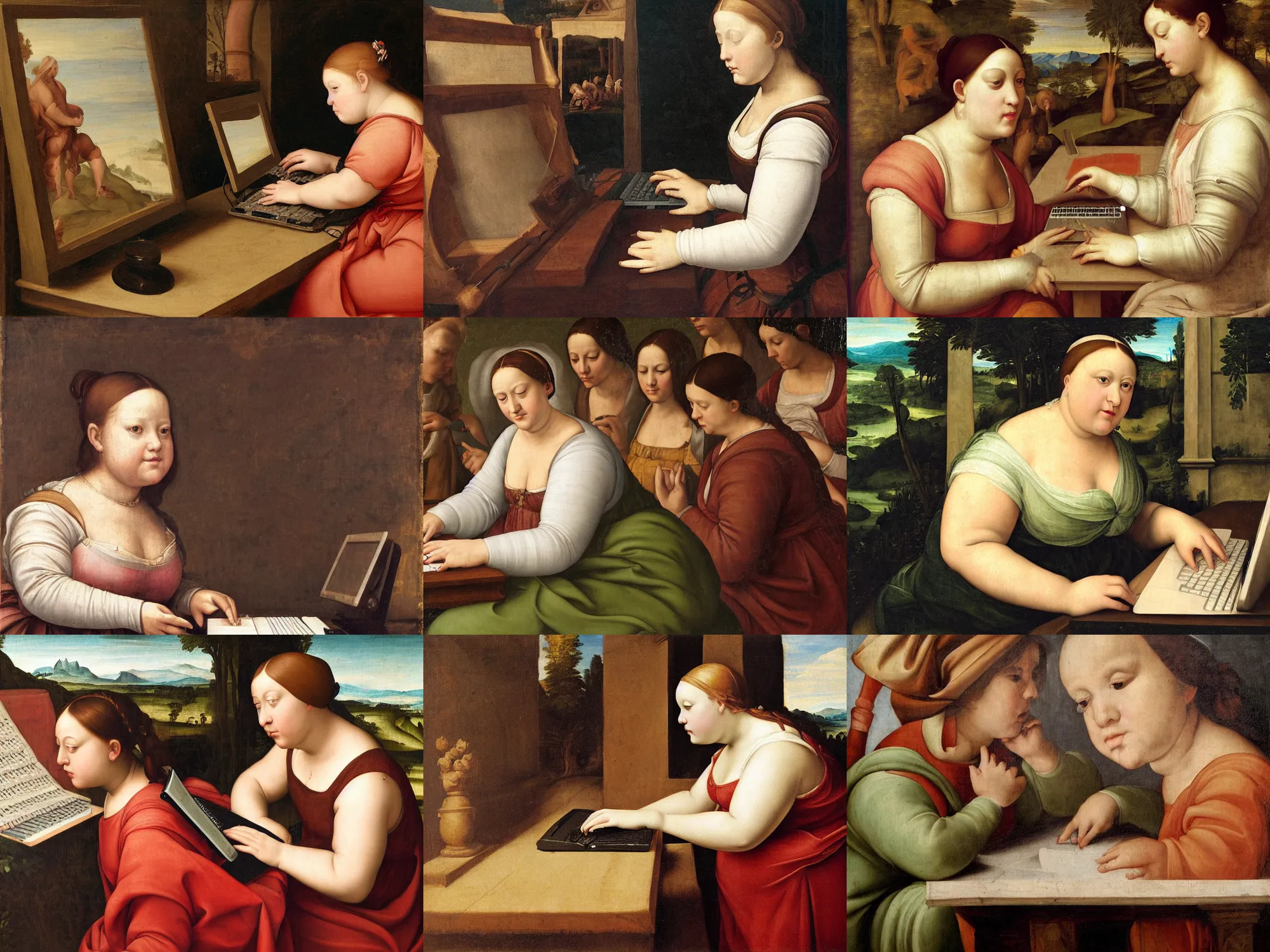 Prompt: a renaissance painting of a chubby girl typing in front of a desktop pc