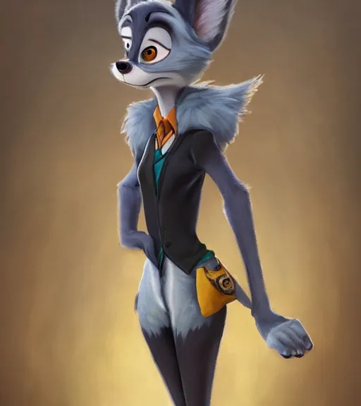 Image similar to oil painting of full body of anthromorphic female wolf, in style of zootopia, zootopia, zootopia, fursona, furry, furaffinity, 4 k, deviantart, furry art, fursona art, wearing black business suit, business suit, in style of zootopia, wolf fursona, cyberpunk, female, expressive detailed feminine face,