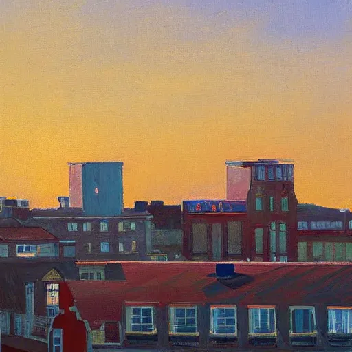 Image similar to Brighton roof tops looking west, evening light, painted by Wayne Thiebaud