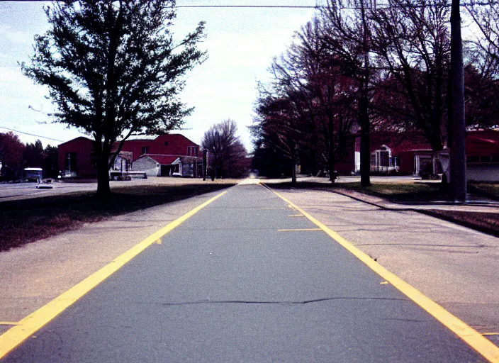 Image similar to A disposable camera picture of an empty street in a small rural American suburb, Kodak Fling 200, 1983