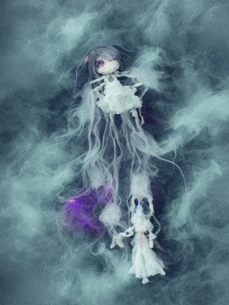 Image similar to cute fumo plush smiling ectoplasmic jellyfish ghost girl waving in deep fog over mysterious waters, patchwork doll chibi gothic maiden in tattered melting rags, glowing wisps of hazy green smoke and eerie blue volumetric fog swirling about, moonlight, glowing lens flare, black and white, vray