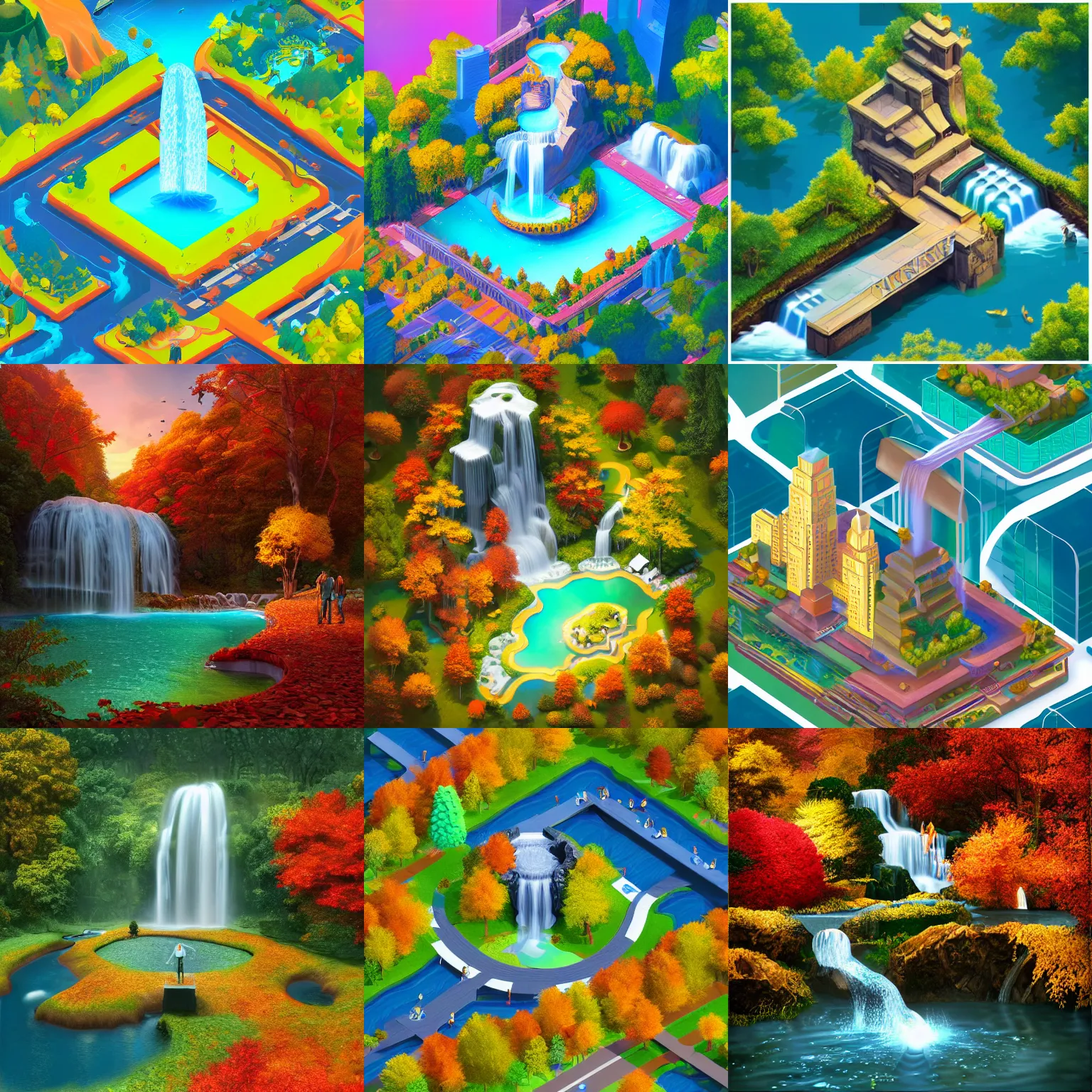 Prompt: isometric webdesign icon for paradise autumn central park with waterfall, 3d render, by Artgerm, tooth wu, dan mumford, beeple, wlop, rossdraws, James Jean, Andrei Riabovitchev, Marc Simonetti, yoshitaka Amano, Artstation