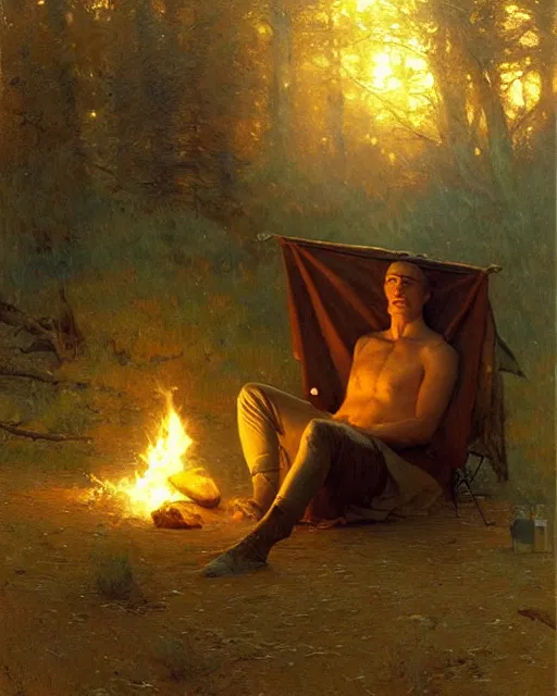 Prompt: very very attractive man counts the stars from beside the fire, his tent is nearby, melancholy, nostalgia, painting by gaston bussiere, craig mullins, j. c. leyendecker